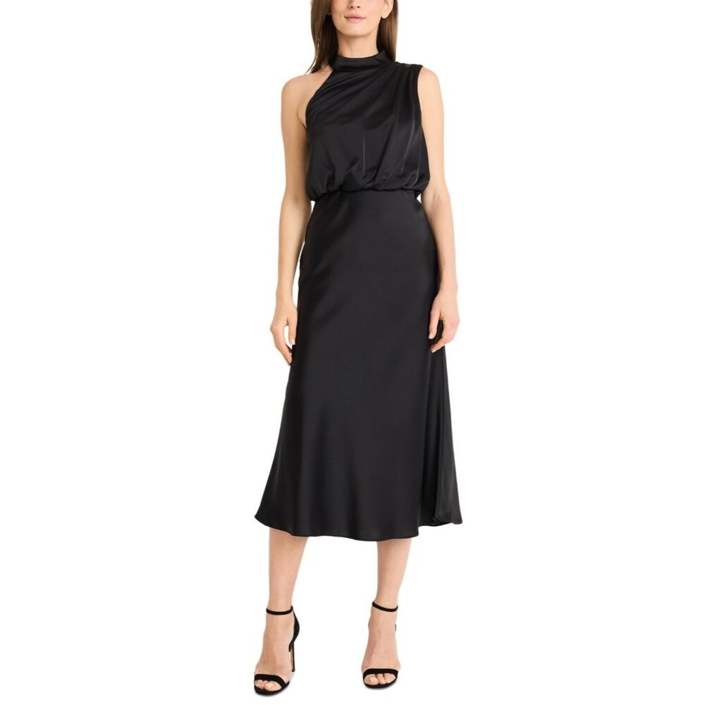 Maggy London *Minor Error* High-Neck Asymmetric-Shoulder Dress Black Size 8 $168